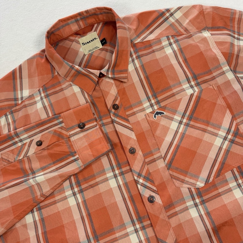 Simms Mens Shirt XL Orange Plaid Long Sleeve Button Down Fishing Performance